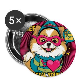 Comicstyle Pomeranian Dog "I am a thief" - Buttons groß 56 mm (5er Pack) - Weiß - Vorne