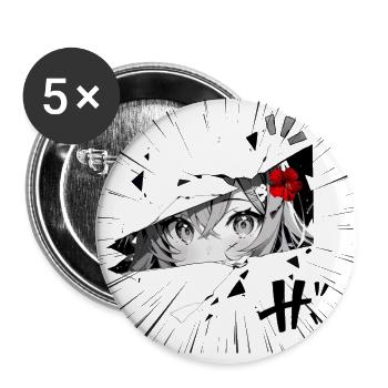 Anime girl with red flower - Buttons large 2.2''/56 mm (5-pack) - white - Front