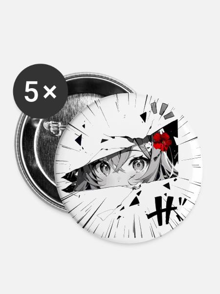 Anime-Mädchen mit roter Blume - Buttons groß 56 mm (5er Pack) - Weiß