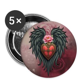 Herzschild mit Flügeln und rosa Blume - Buttons groß 56 mm (5er Pack) - Weiß - Vorne