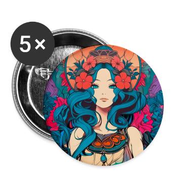 Mystische Blumenfrau Psychedelic Rock Art Nouveau - Buttons groß 56 mm (5er Pack) - Weiß - Vorne