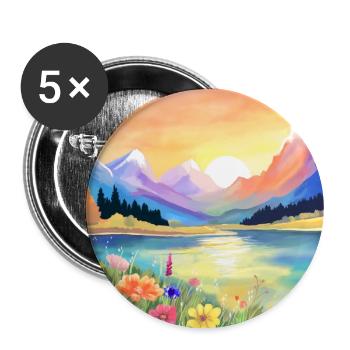 Sonnenuntergang über den Bergen, dem See und den Blumen - Buttons groß 56 mm (5er Pack) - Weiß - Vorne