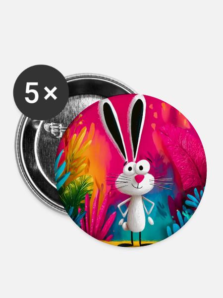 Cartoon Kaninchen im bunten Dschungel - Buttons groß 56 mm (5er Pack) - Weiß
