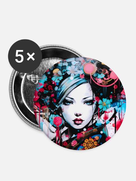 Buntes urbanes Frauenporträt - Buttons groß 56 mm (5er Pack) - Weiß