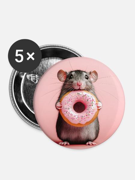 Süße Maus mit buntem Donut - Buttons groß 56 mm (5er Pack) - Weiß