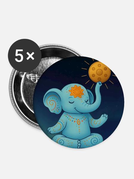 Yoga Elefant mit Handpan Sonne - Buttons groß 56 mm (5er Pack) - Weiß