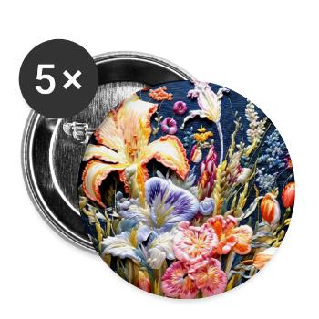 Motif floral en technique de broderie sur bleu foncé - Lot de 5 grands badges (56 mm) - blanc - Devant