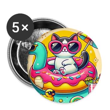 Süße Katze auf bunter Poolboje - Buttons groß 56 mm (5er Pack) - Weiß - Vorne