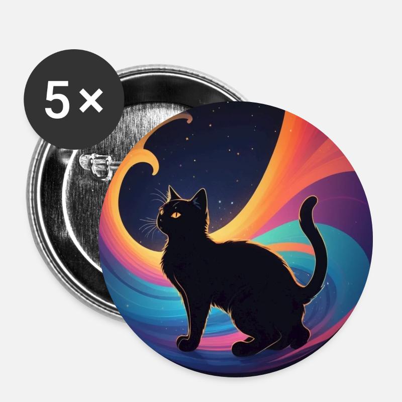 Schwarze Katze vor Regenbogenfarben - Buttons groß 56 mm (5er Pack) - Weiß