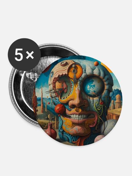 Surrealer Planeten-Schädel - Buttons groß 56 mm (5er Pack) - Weiß
