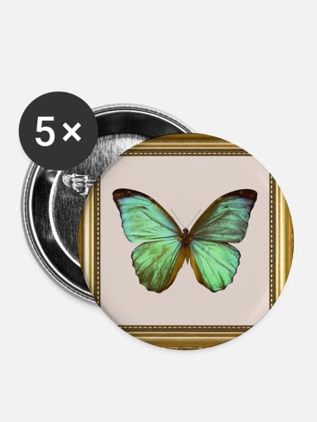 Smaragd-Schmetterling im goldenen Rahmen - Buttons groß 56 mm (5er Pack) - Weiß