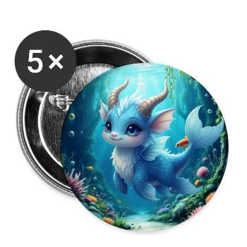 Wasserblauer Drache - Buttons groß 56 mm (5er Pack) - Weiß - Vorne
