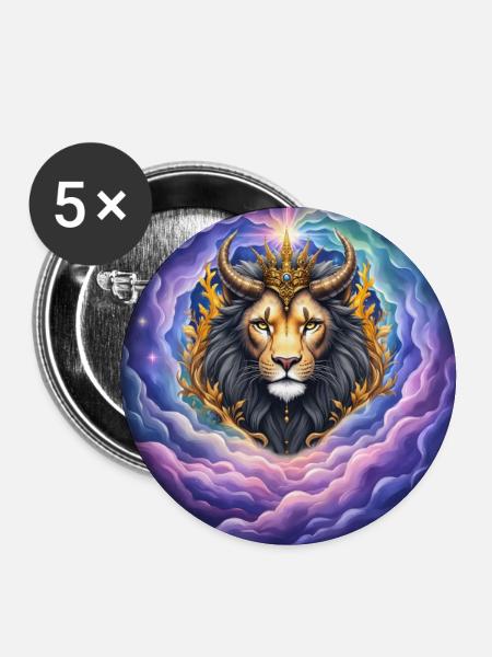 Himmlischer Löwe mit goldener Krone - Buttons groß 56 mm (5er Pack) - Weiß