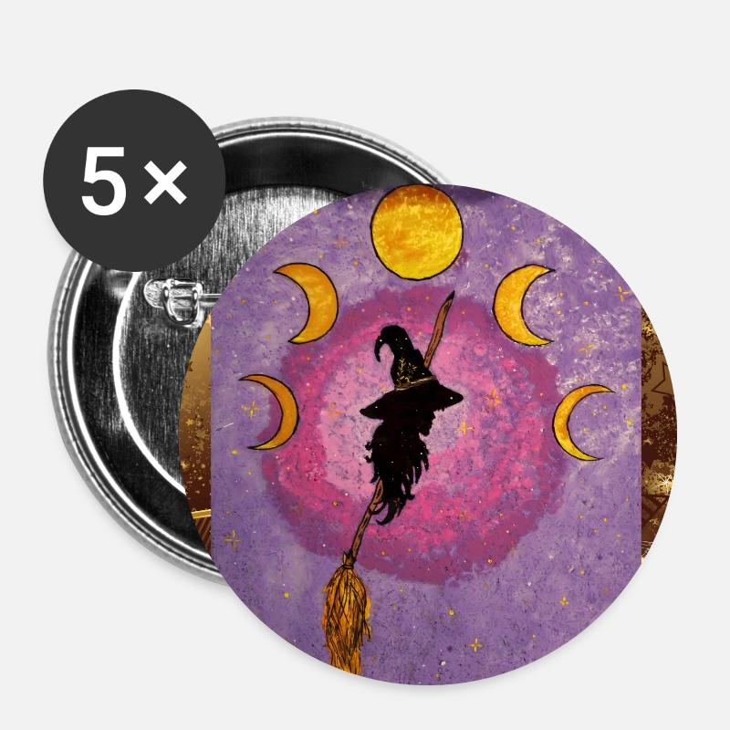 Sternenzauberin auf dem Besen - Buttons groß 56 mm (5er Pack) - Weiß