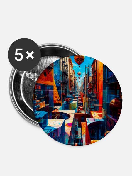 Buntes Straßenlabyrinth mit Luftballons - Buttons groß 56 mm (5er Pack) - Weiß