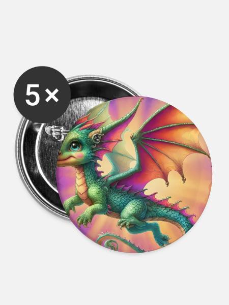 Drache - Buttons groß 56 mm (5er Pack) - Weiß