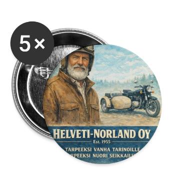 Helveti-Norland OY – Legende auf 3 Rädern - Buttons groß 56 mm (5er Pack) - Weiß - Vorne
