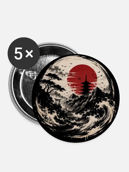 Japanische Welle Sonnenuntergang - Buttons groß 56 mm (5er Pack) - Weiß
