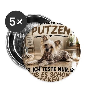 Putz-Hund: Trocken-Test Humor - Buttons groß 56 mm (5er Pack) - Weiß - Vorne