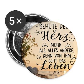 Behüte dein Herz Lebensquelle - Buttons groß 56 mm (5er Pack) - Weiß - Vorne