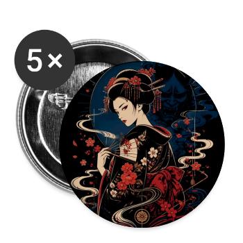 Geisha mit Blumenfächer - Buttons groß 56 mm (5er Pack) - Weiß - Vorne