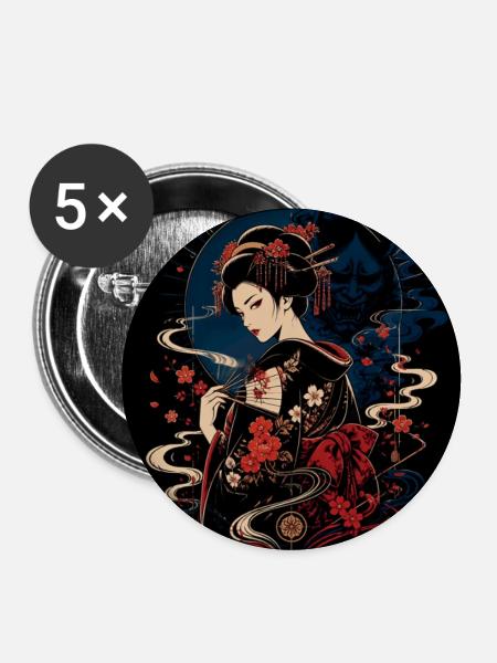 Geisha mit Blumenfächer - Buttons groß 56 mm (5er Pack) - Weiß