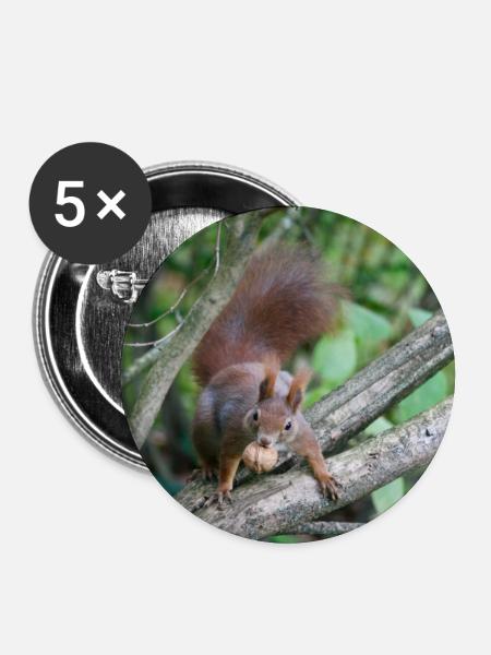 Eichhörnchen am Ast mit Nuss - Buttons groß 56 mm (5er Pack) - Weiß