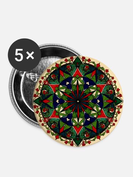 Blumenmandalas, grün, rot, blau, - Buttons groß 56 mm (5er Pack) - Weiß