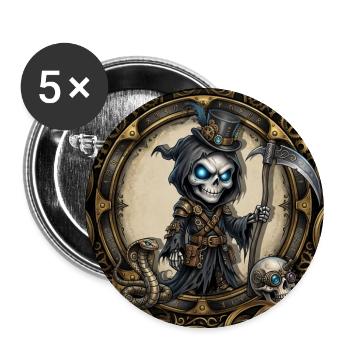 Der kleine Sensenmann – Steampunk-Skelett und Kobra. - Buttons groß 56 mm (5er Pack) - Weiß - Vorne