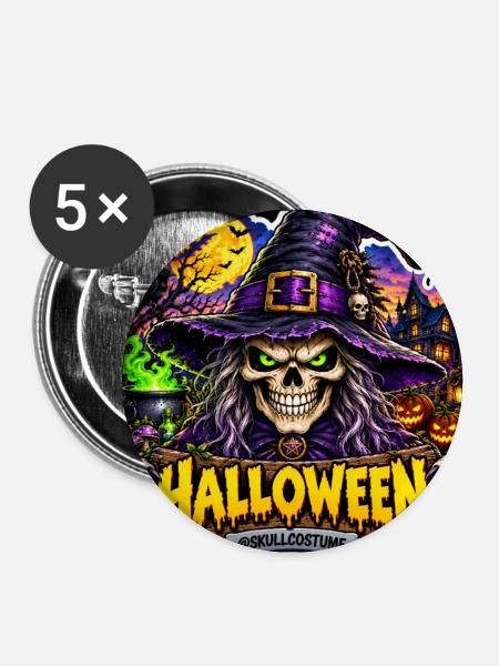 SkullCostume – Halloween-Ausgabe: Die Hexe - Buttons groß 56 mm (5er Pack) - Weiß