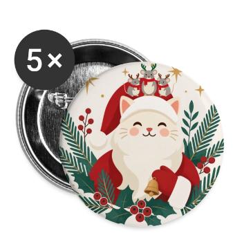 Katzensanta mit Rentierkranz und Mäusen - Buttons groß 56 mm (5er Pack) - Weiß - Vorne
