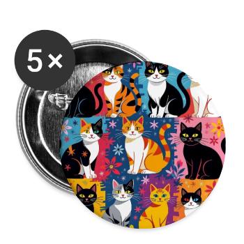 Katzenkunst "Bunt und Floral" - Buttons groß 56 mm (5er Pack) - Weiß - Vorne