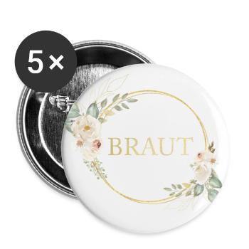 Team Braut! Kreis Floral Kranz - Buttons groß 56 mm (5er Pack) - Weiß - Vorne