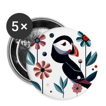 Papageitaucher mit Blumen - Buttons groß 56 mm (5er Pack) - Weiß - Vorne