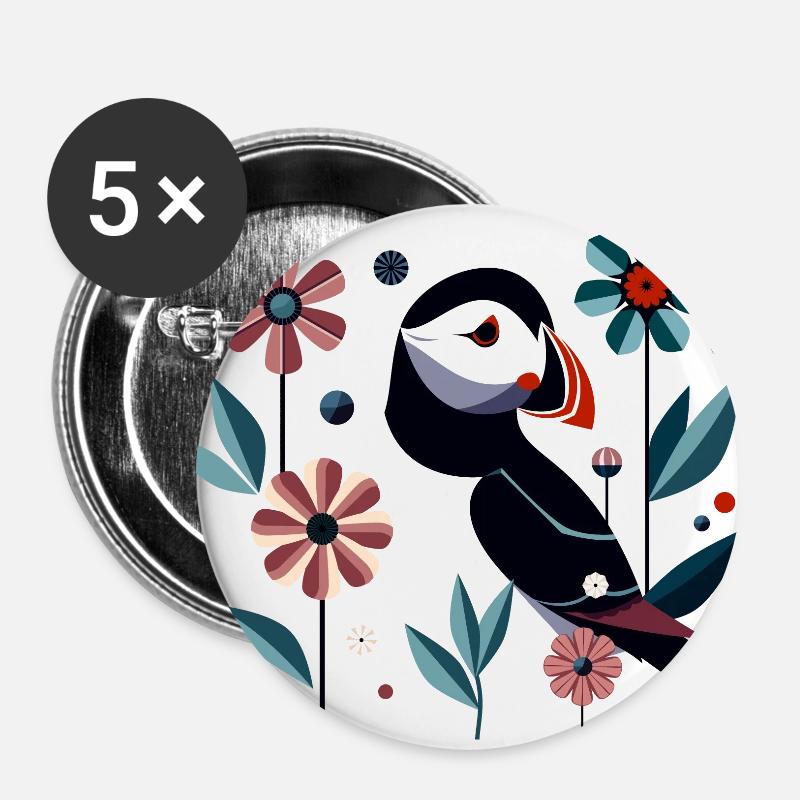 Papageitaucher mit Blumen - Buttons groß 56 mm (5er Pack) - Weiß
