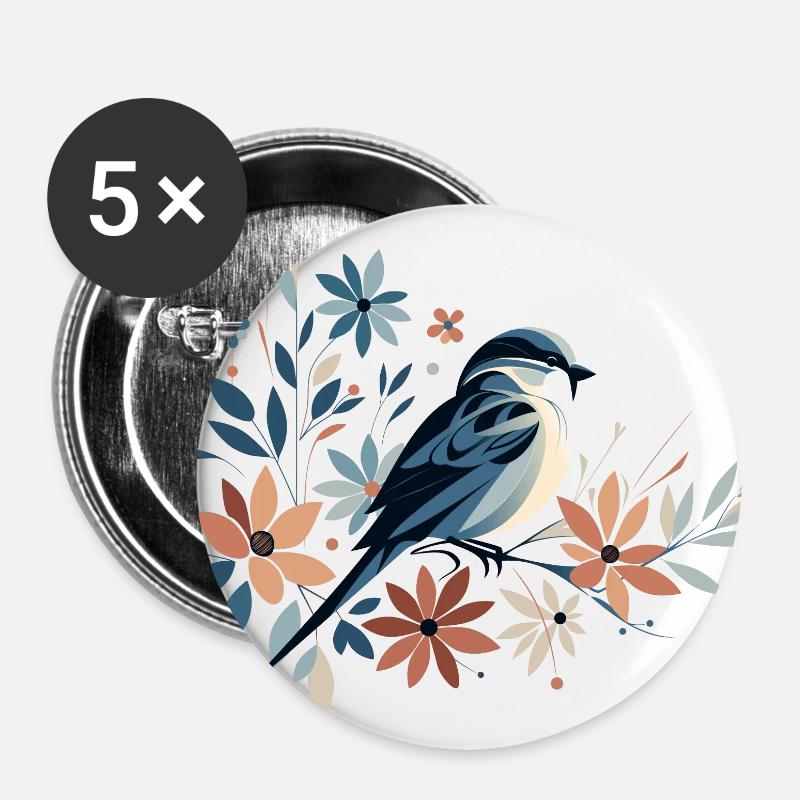Kleiner Vogel mit Blumen - Buttons groß 56 mm (5er Pack) - Weiß