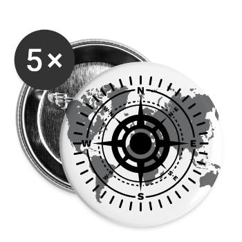 Weltkarte mit Himmelsrichtung schwarz-weiß - Buttons groß 56 mm (5er Pack) - Weiß - Vorne