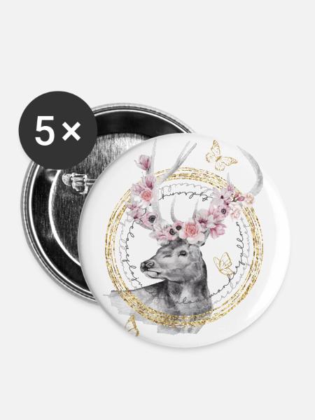 * Hirsch mit Blumen-Geweih * in Wasserfabtechnik - Buttons groß 56 mm (5er Pack) - Weiß