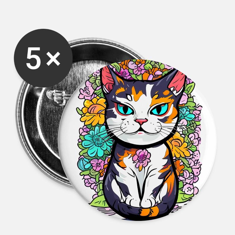 Floral cat - Buttons large 2.2''/56 mm (5-pack) - white