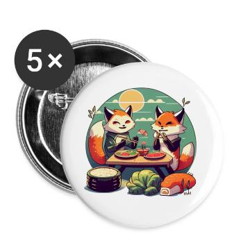 Süße Comic Füchse essen zusammen Sushi - Buttons groß 56 mm (5er Pack) - Weiß - Vorne