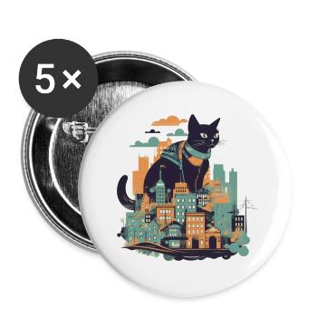 Chat noir assis devant une ville colorée - Lot de 5 grands badges (56 mm) - blanc - Devant