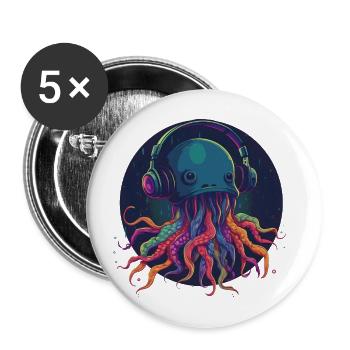 Techno Jellyfish - Cool jellyfish with headphones - Buttons large 2.2''/56 mm (5-pack) - white - Front