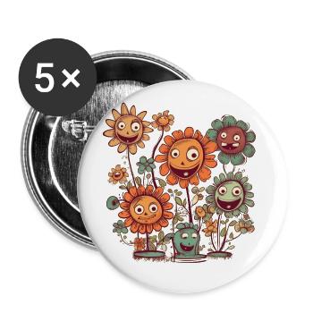 Fleurs de bandes dessinées amusantes, fleurs de dessins animés - Lot de 5 grands badges (56 mm) - blanc - Devant