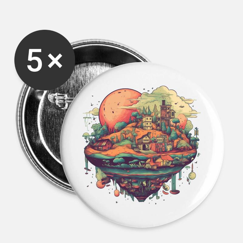 Surrealistisches fliegendes Dorf in bunt - Buttons groß 56 mm (5er Pack) - Weiß