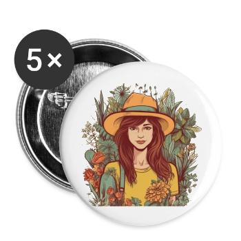 Pretty gardener with hat and lots of plants - Buttons large 2.2''/56 mm (5-pack) - white - Front