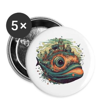 Baleine surréaliste avec la ville sur le dos - Lot de 5 grands badges (56 mm) - blanc - Devant