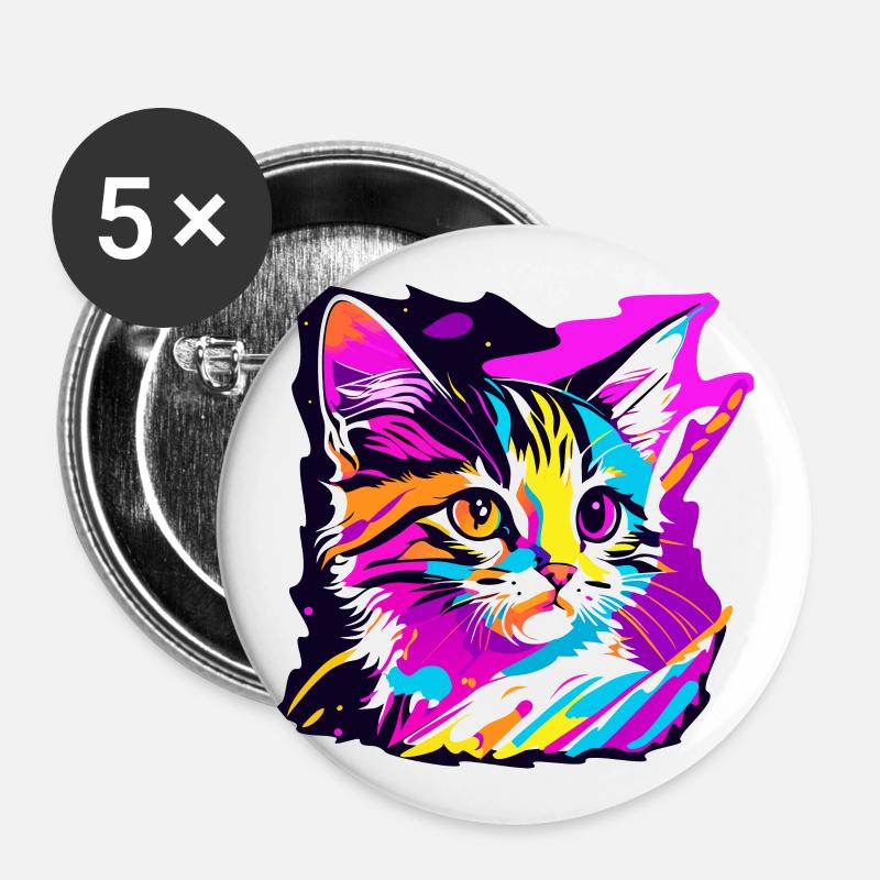 farbige Kätzchen, Katze - Buttons groß 56 mm (5er Pack) - Weiß