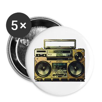 Radiocassette dorée - Lot de 5 grands badges (56 mm) - blanc - Devant