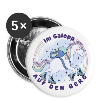 Einhorn - Im Galopp auf den Berg -Wandern mit Kids - Buttons groß 56 mm (5er Pack) - Weiß - Vorne
