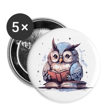 Cute Owl Book Reading Fan Books - Buttons large 2.2''/56 mm (5-pack) - white - Front